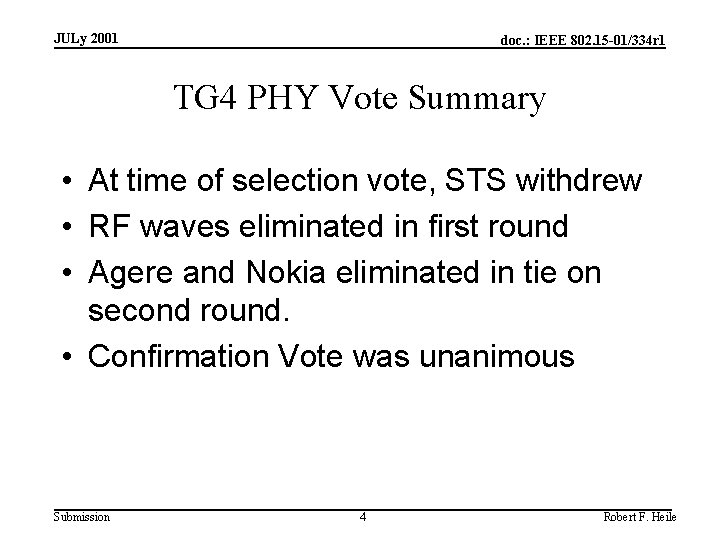 JULy 2001 doc. : IEEE 802. 15 -01/334 r 1 TG 4 PHY Vote