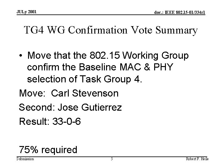 JULy 2001 doc. : IEEE 802. 15 -01/334 r 1 TG 4 WG Confirmation