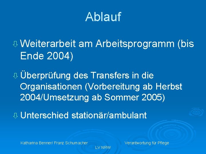 Ablauf ò Weiterarbeit am Arbeitsprogramm (bis Ende 2004) ò Überprüfung des Transfers in die