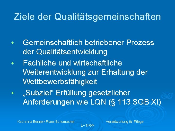 Ziele der Qualitätsgemeinschaften w w w Gemeinschaftlich betriebener Prozess der Qualitätsentwicklung Fachliche und wirtschaftliche