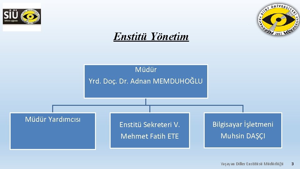 Enstitü Yönetim Müdür Yrd. Doç. Dr. Adnan MEMDUHOĞLU Müdür Yardımcısı Enstitü Sekreteri V. Mehmet