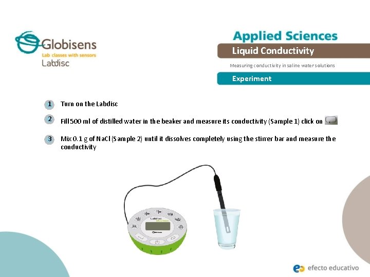 Liquid Conductivity Measuring conductivity in saline water solutions Experiment 1 Turn on the Labdisc