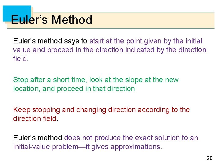 Euler’s Method Euler’s method says to start at the point given by the initial