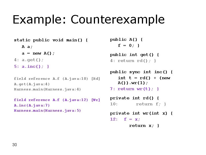 Example: Counterexample static public void main() { A a; a = new A(); 4: