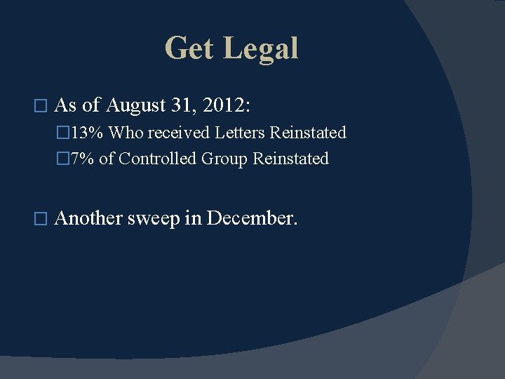 Get Legal � As of August 31, 2012: � 13% Who received Letters Reinstated