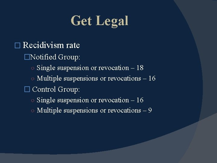 Get Legal � Recidivism rate �Notified Group: ○ Single suspension or revocation – 18