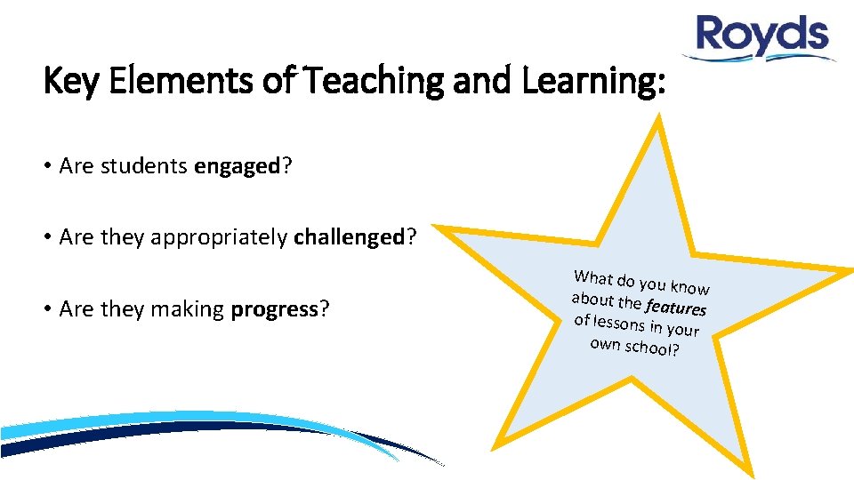 Key Elements of Teaching and Learning: • Are students engaged? • Are they appropriately