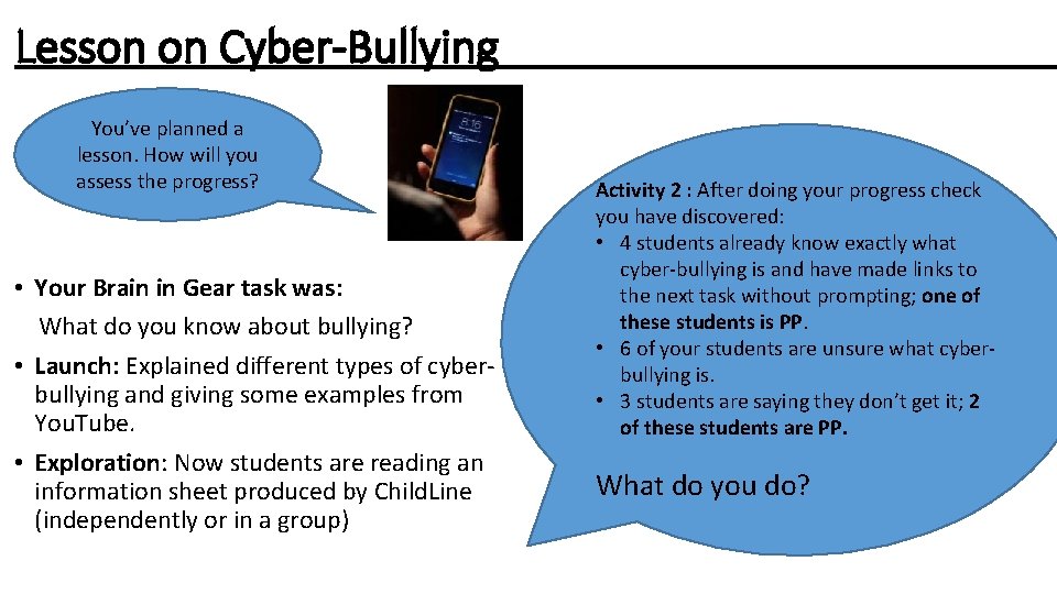 Lesson on Cyber-Bullying You’ve planned a lesson. How will you assess the progress? •