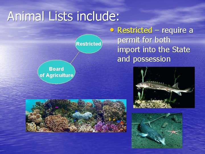 Animal Lists include: • Restricted – require a Restricted Board of Agriculture permit for