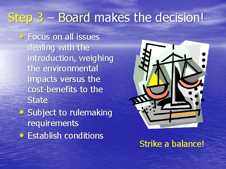 Step 3 – Board makes the decision! • Focus on all issues • •