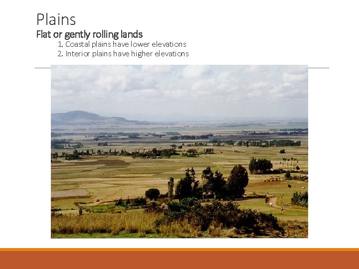 Plains Flat or gently rolling lands 1. Coastal plains have lower elevations 2. Interior