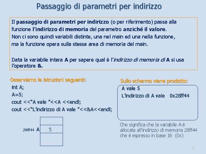 Passaggio di parametri per indirizzo Il passaggio di parametri per indirizzo (o per riferimento)