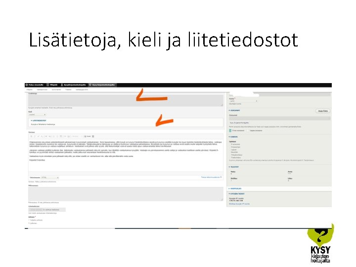 Lisätietoja, kieli ja liitetiedostot 