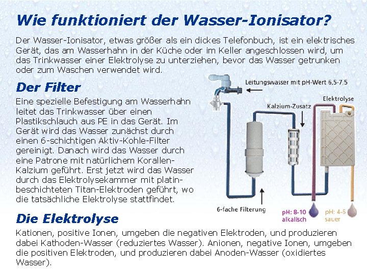 Wie funktioniert der Wasser-Ionisator? Der Wasser-Ionisator, etwas größer als ein dickes Telefonbuch, ist ein