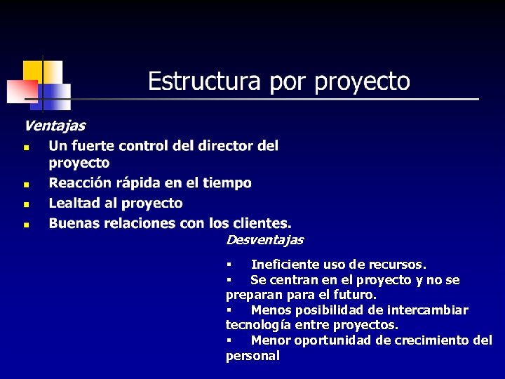 Desventajas § Ineficiente uso de recursos. § Se centran en el proyecto y no