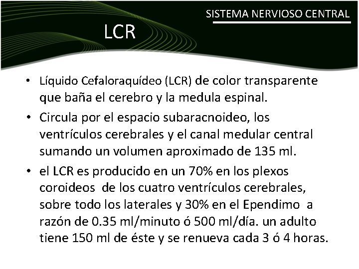 LCR SISTEMA NERVIOSO CENTRAL • Líquido Cefaloraquídeo (LCR) de color transparente que baña el