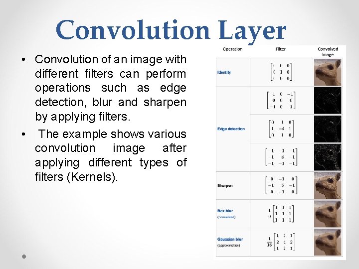Convolution Layer • Convolution of an image with different filters can perform operations such