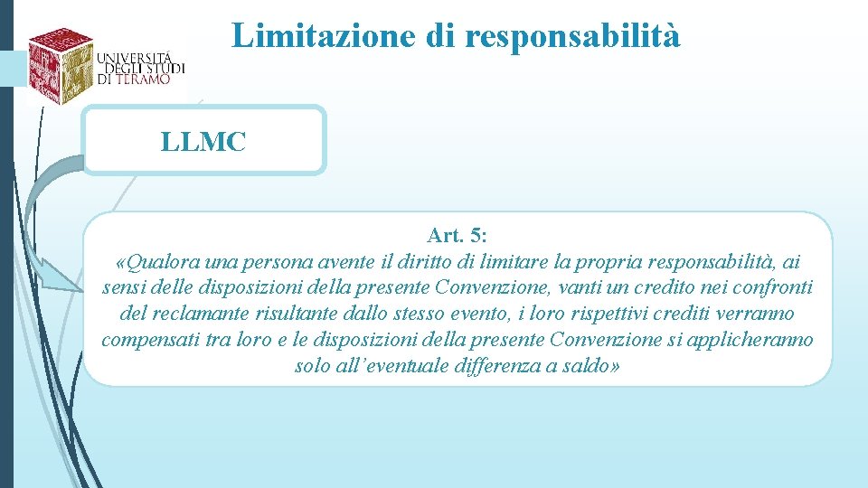 Limitazione di responsabilità LLMC Art. 5: «Qualora una persona avente il diritto di limitare