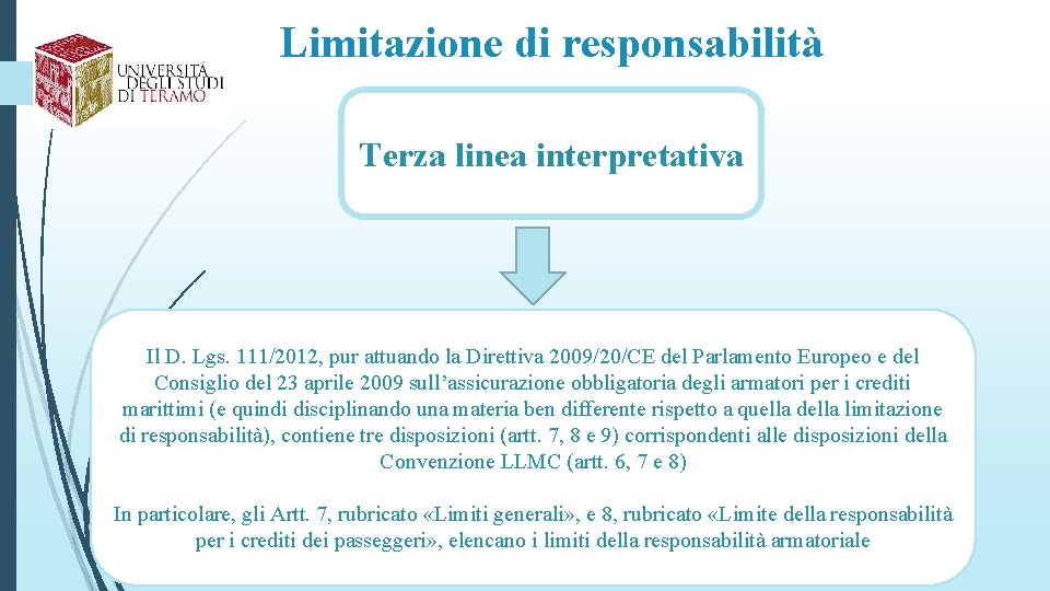 Limitazione di responsabilità Terza linea interpretativa Il D. Lgs. 111/2012, pur attuando la Direttiva