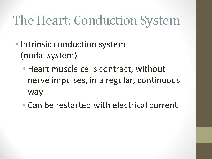 The Heart: Conduction System • Intrinsic conduction system (nodal system) • Heart muscle cells