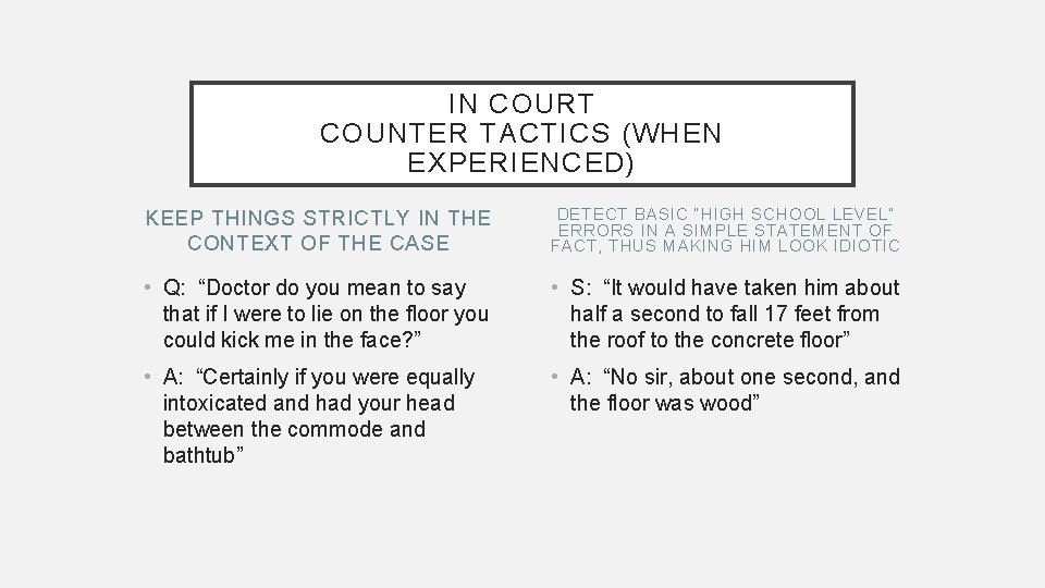 IN COURT COUNTER TACTICS (WHEN EXPERIENCED) KEEP THINGS STRICTLY IN THE CONTEXT OF THE