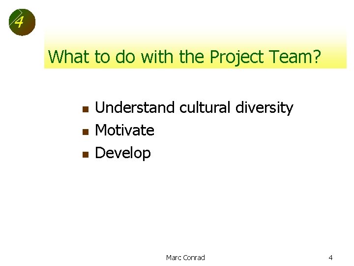 4 What to do with the Project Team? n n n Understand cultural diversity
