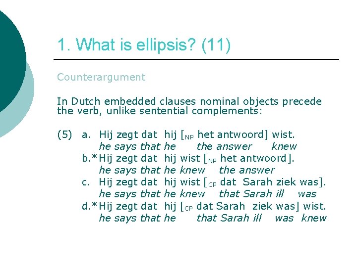 1. What is ellipsis? (11) Counterargument In Dutch embedded clauses nominal objects precede the