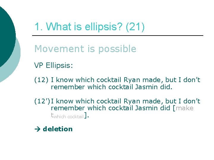 1. What is ellipsis? (21) Movement is possible VP Ellipsis: (12) I know which