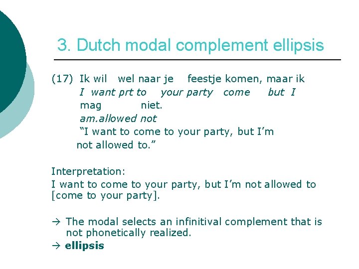 3. Dutch modal complement ellipsis (17) Ik wil wel naar je feestje komen, maar