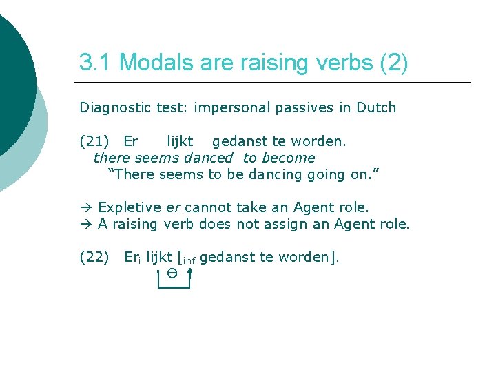 3. 1 Modals are raising verbs (2) Diagnostic test: impersonal passives in Dutch (21)