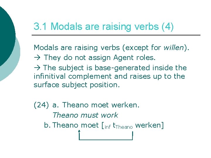 3. 1 Modals are raising verbs (4) Modals are raising verbs (except for willen).