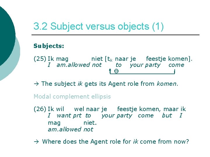 3. 2 Subject versus objects (1) Subjects: (25) Ik mag niet [tik naar je