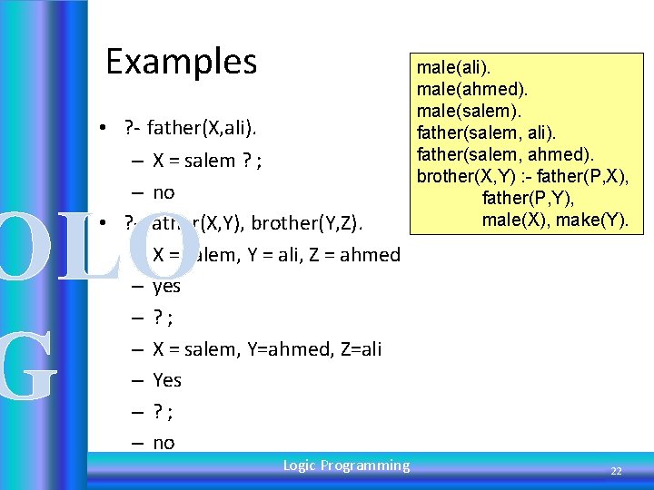 Examples • ? - father(X, ali). – X = salem ? ; – no