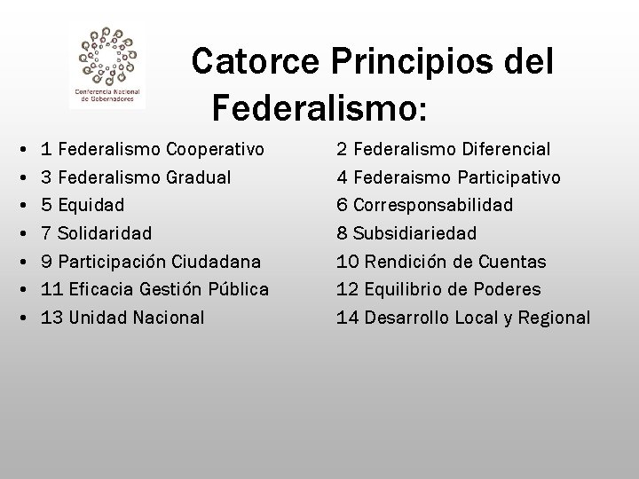 Catorce Principios del Federalismo: • • 1 Federalismo Cooperativo 3 Federalismo Gradual 5 Equidad