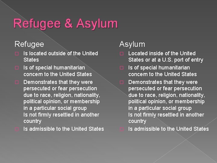 Refugee & Asylum Refugee Asylum Is located outside of the United States � Is