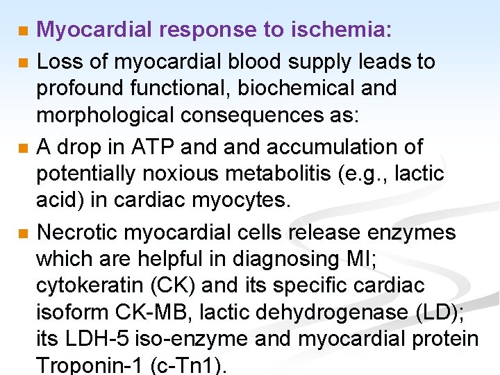 Myocardial response to ischemia: n Loss of myocardial blood supply leads to profound functional,