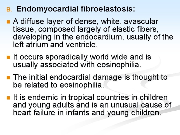 B. Endomyocardial fibroelastosis: n A diffuse layer of dense, white, avascular tissue, composed largely