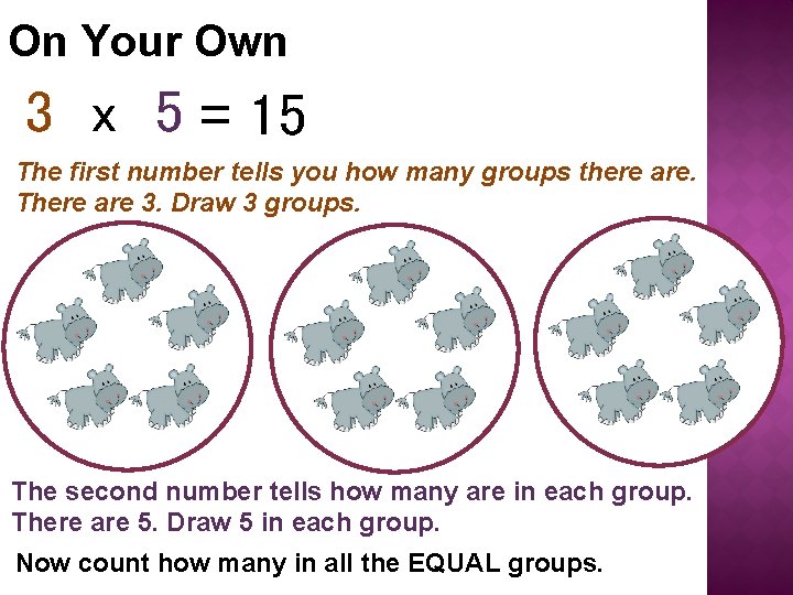 On Your Own 3 x 5 = 15 The first number tells you how