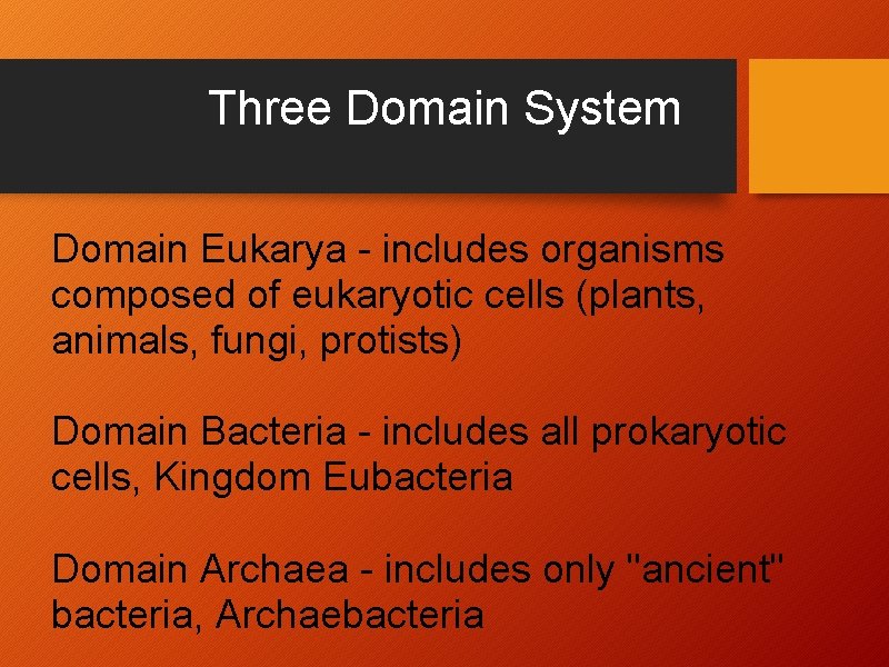 Three Domain System Domain Eukarya - includes organisms composed of eukaryotic cells (plants, animals,