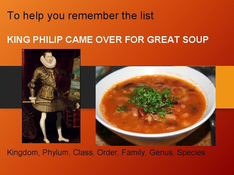 To help you remember the list KING PHILIP CAME OVER FOR GREAT SOUP Kingdom,