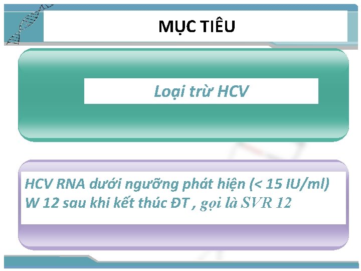 MỤC TIÊU Loại trừ HCV RNA dưới ngưỡng phát hiện (< 15 IU/ml) W