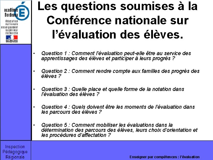 Les questions soumises à la Conférence nationale sur l’évaluation des élèves. • Question 1 Les questions soumises à la Conférence nationale sur l’évaluation des élèves. • Question 1