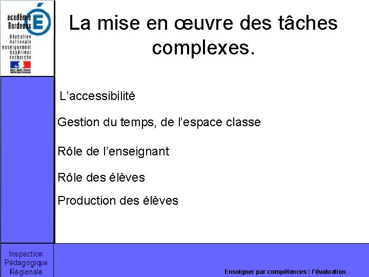 La mise en œuvre des tâches complexes. L’accessibilité Gestion du temps, de l’espace classe La mise en œuvre des tâches complexes. L’accessibilité Gestion du temps, de l’espace classe
