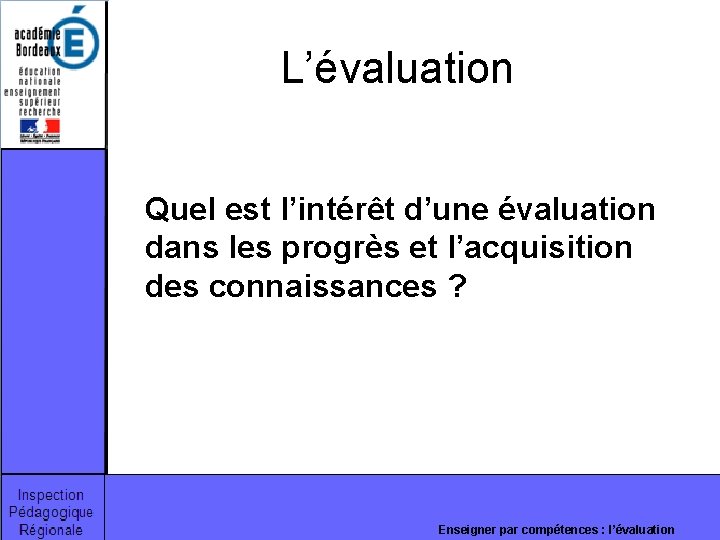 L’évaluation Quel est l’intérêt d’une évaluation dans les progrès et l’acquisition des connaissances ? L’évaluation Quel est l’intérêt d’une évaluation dans les progrès et l’acquisition des connaissances ?