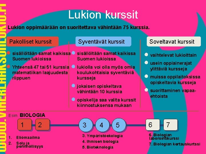 Lukion kurssit Lukion oppimäärään on suoritettava vähintään 75 kurssia. Pakolliset kurssit Syventävät kurssit ● Lukion kurssit Lukion oppimäärään on suoritettava vähintään 75 kurssia. Pakolliset kurssit Syventävät kurssit ●