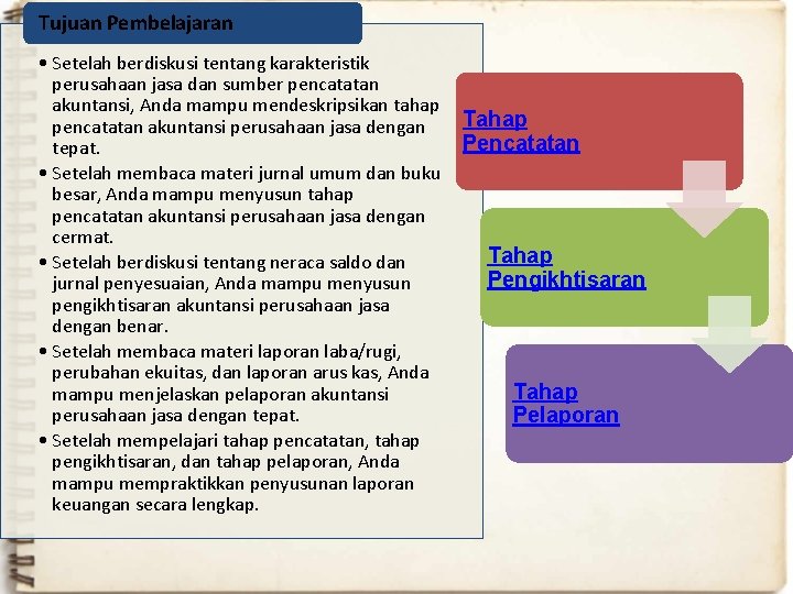 Tujuan Pembelajaran • Setelah berdiskusi tentang karakteristik perusahaan jasa dan sumber pencatatan akuntansi, Anda