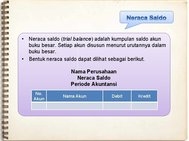  • Neraca saldo (trial balance) adalah kumpulan saldo akun buku besar. Setiap akun