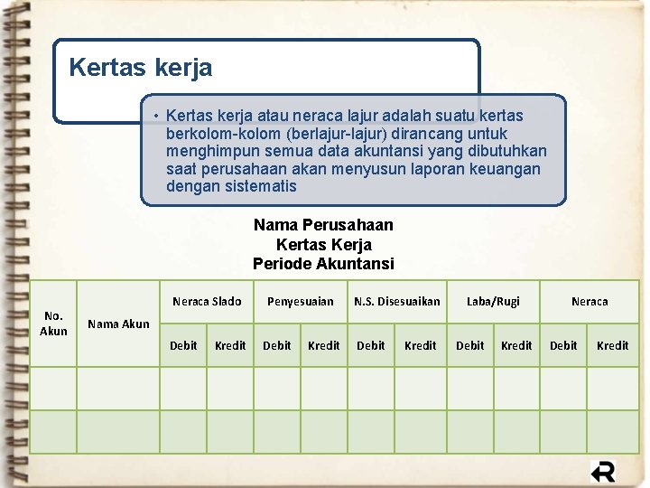 Kertas kerja • Kertas kerja atau neraca lajur adalah suatu kertas berkolom-kolom (berlajur-lajur) dirancang