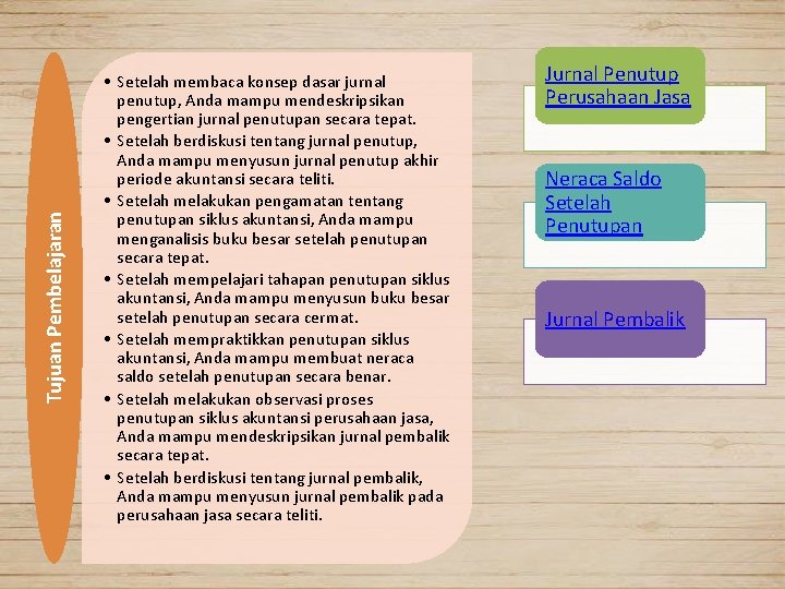 Tujuan Pembelajaran • Setelah membaca konsep dasar jurnal penutup, Anda mampu mendeskripsikan pengertian jurnal Tujuan Pembelajaran • Setelah membaca konsep dasar jurnal penutup, Anda mampu mendeskripsikan pengertian jurnal