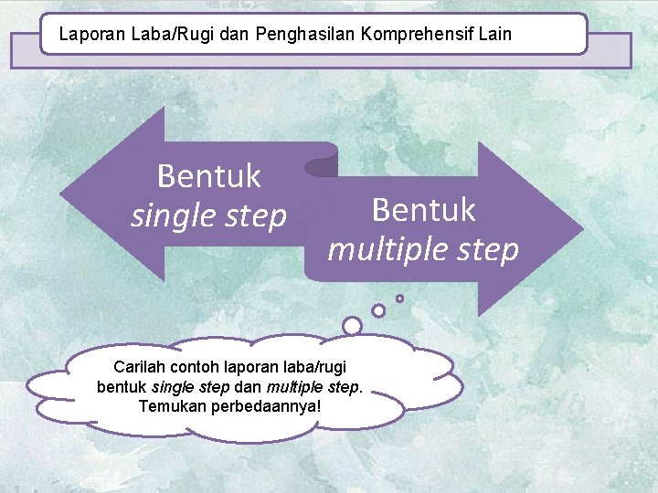 Laporan Laba/Rugi dan Penghasilan Komprehensif Lain Bentuk single step Bentuk multiple step Carilah contoh Laporan Laba/Rugi dan Penghasilan Komprehensif Lain Bentuk single step Bentuk multiple step Carilah contoh